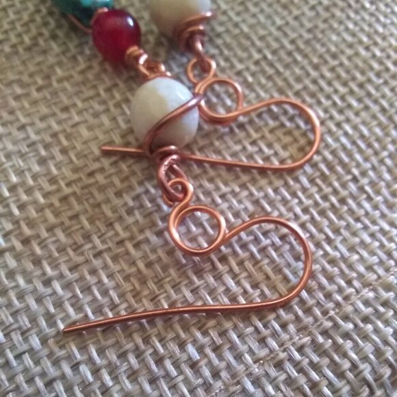 One-of-a-Kind! Beaded + Wire Wrapped Dangle Earrings! Turquoise Red Cream Copper - Picture 7 of 12